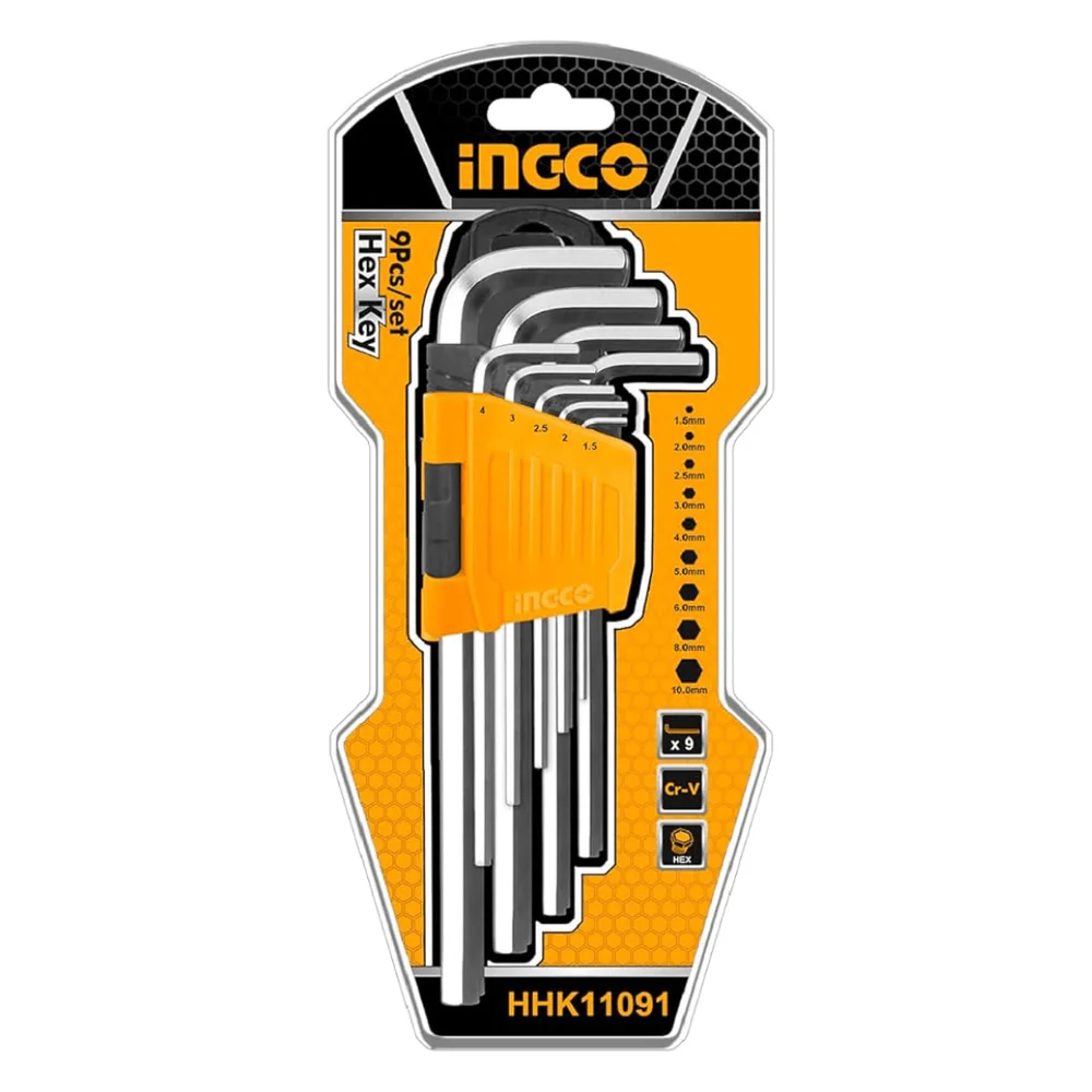 INGCO 9-Piece Long Arm Hex Allen Wrench Key Set - Model HHK11091